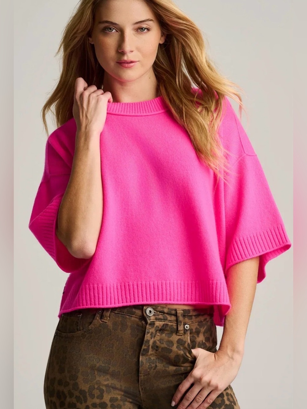 Women's Bright Pink Oversized Short Sleeve Knit Sweater Small NWT